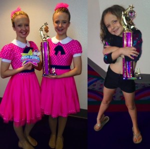 Local twins, Maddie and Kenzie Gorman, left, took first place and high-point awards at a competition in Las Vegas last weekend. Their sister, Brynley, also took first place for her jazz solo. Submitted Photo.