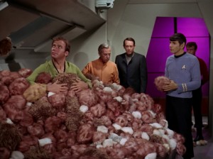 Screen shot from The Trouble with Tribbles and William Schallert with Star Trek crew.