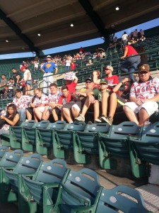 The scouts and leaders relax and enjoy an Angels baseball game during their Summer Camp trip. Submitted photo.
