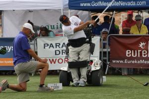Paramobile Champion Anthony Netto won the division in his original invention, ‘Standup  and play’ mobile chair. Netto won with a drive of 289 yards. Photo by Lou Martin 