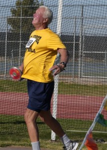 Mesquite resident Jack Anderson gave it all he had in the Men’s Discus. Photo by Burton Weast