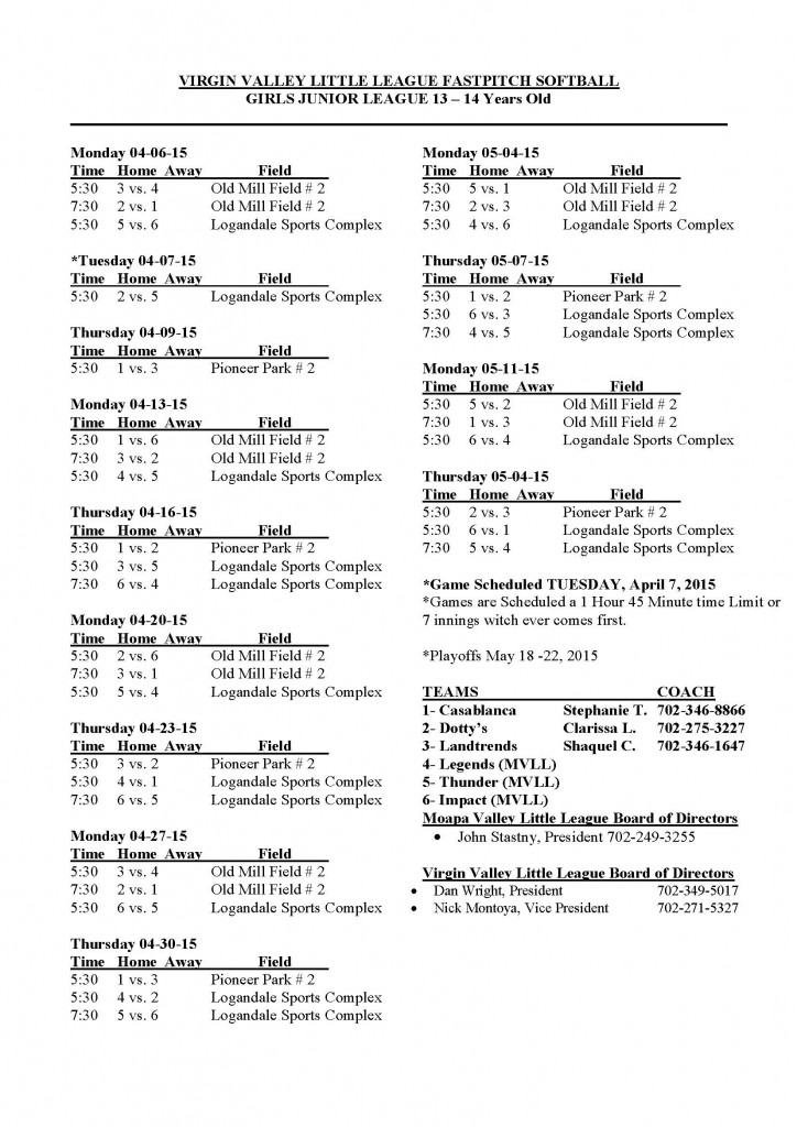 2015 Junior Girls League Schedule 12-14