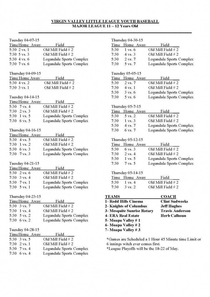 2015 Major Boys League Schedule 11-12