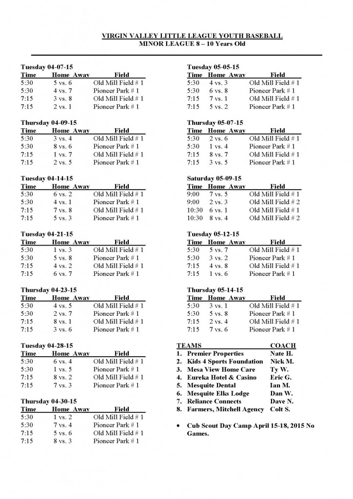 2015 Minor Boys League Schedule 8 - 10