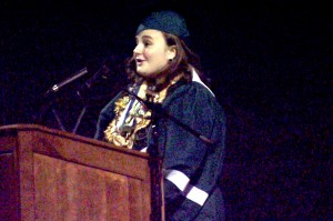 Sarah Jane Anderson, One of the four of Virgin Valley High School’s class of 2015’s valedictorians, addresses the audience and thanks those she’s associated with, been educated by or even just had a brief encounter with for enriching her life in some way.  Anderson says she’s a better person for having known the people who have surrounded her during her school years. Photo by Teri Nehrenz.
