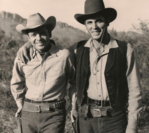Audie Murphy and Michael Dante on the set of Arizona Raiders - Photo provided by Michael Dante