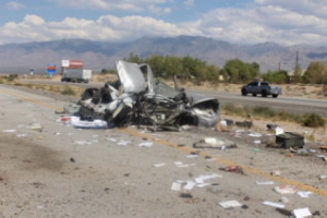 This is all that was left of the 2005 Jaguar Sunday afternoon. The collision was strong enough that it appears as though extrication measures were used, however, Captain John Gately stated that it was not necessary. Photo courtesy of Nevada Highway Patrol. 