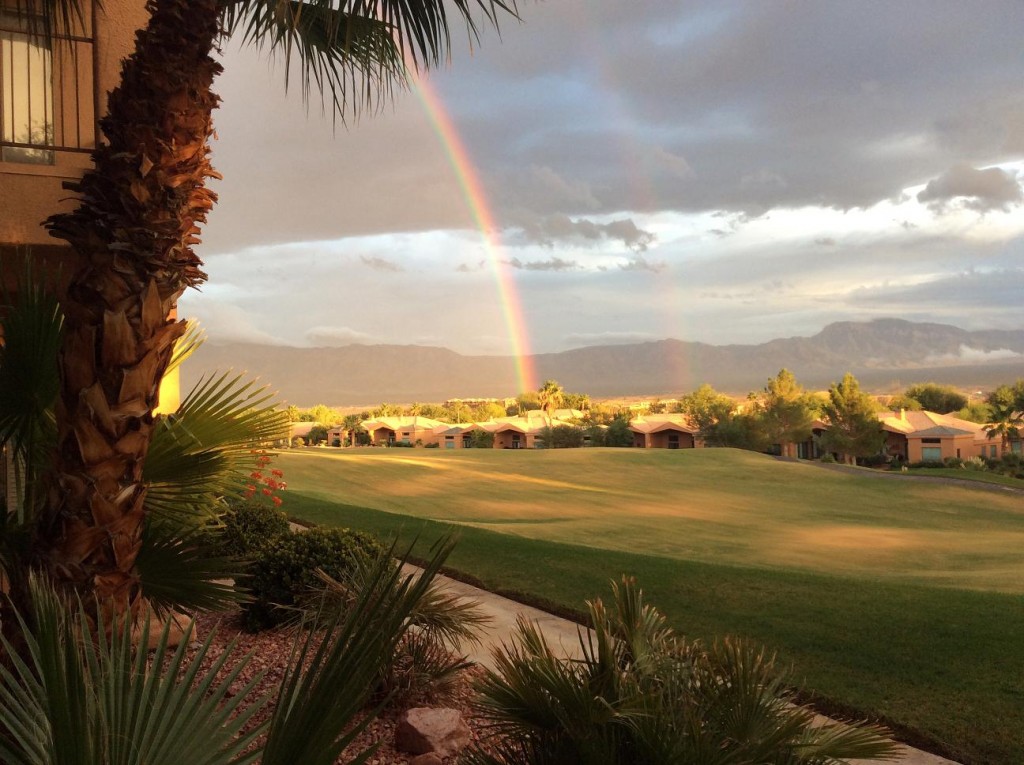 Last Tuesday’s rainstorm created beautiful rainbows over Mesquite including this one taken by Ted Dixon from the Eagle Point Condos on Turtleback Road looking southeast. 