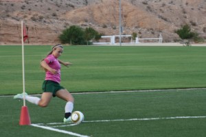 Bulldog Abbie Barnum scores goal seven minutes into match with archrival Moapa Valley. Barnum had both goals for the Dawgs in their 2-0 win over the Pirates. Photo by Lou Martin
