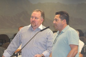 Slade Smith, left and Andy Geller, both of 333 Eagles Landing Group presented their plans to the Mesquite City Council for developing land at I-15 Exit 118 they want to purchase from the city for a Travel Center. Photo by Barbara Ellestad.