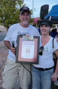 Chili Cook Off winner Bonnie Hexum receives her plaque after show attendees selected her chili as the best at the annual Rotary Car Show and Chili Cook-off hosted by the Eureka Casino Resort on Saturday, Oct. 24. Photo by Burton Weast.
