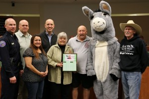 The Mesquite Police Department and Peaceful Valley Donkey Rescue were honored at the Jan. 12 City Council meeting for their winning participation in December’s Parade of Lights that helped gather food for local charities. Photo by Barbara Ellestad.