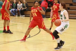 LadyDawgTECHBasketballGame-01-21-16: Bulldog forward Brianna Todd pushes the ball up court Thursday night, Jan. 21 during the Dawgs 56-29 defeat over the Roadrunners. Todd led the Dawgs with 13 points. Photo by Lou Martin. 
