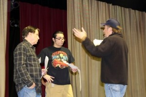 Gino Venezia, Producer of the Ed Sullivan Tribute Show, gives some direction to Paul Terry (Ed Sullivan) and Tino Ferreira (Performer) during rehearsals for the show which was held at the CasaBlanca Showroom on Saturday, March 5. Photo by Teri Nehrenz.