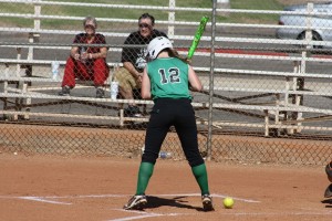 LadyBulldogMinersGame-05-03-16: Bulldog Taylor Barnum steps back from a low pitch in a recent game. Barnum had two hits in the important 3-2 win over Sunrise Mountain on Tuesday afternoon, May 3 in the Dawgs Pound. Photo by Lou Martin. 