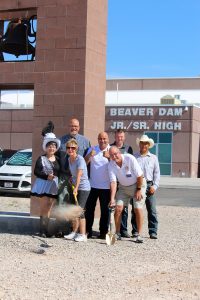 Mesquite Rotary Club members break ground on the Beaver Dam Jr./Sr. High School Beautification Project on May 31.  Front row from left: Mesquite Show Girl Jean Watkins, Interact Club leader and Rotary Secretary Linda Gault, Rotary Club District 5300 Assistant Governor Jake Noll.  Back row from left:  Rotary Club member and LUSD Business Manager Kevin Boyer, Mesquite Rotary Club President Keith Burkhalter, Kokopelli owner Shane Hughes and project foreman Juan Soto. Photo by Teri Nehrenz