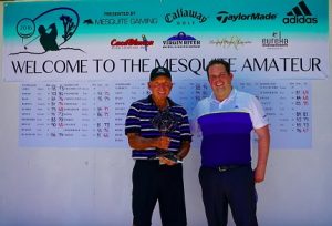 Winner Nick Page of Montgomery, Texas, stands alongside Christian Adderson, Mesquite Amateur tournament director and corporate sales manager for Mesquite Gaming during the 14th annual Mesquite Amateur event in Mesquite, Nevada on Friday, June 3.