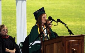 Virgin Valley High School Class of 2016 Valedictorian Madisyn Glieden presented an address in rhyme which she thought would be nice to entertain rather than bore the audience with a traditional speech.  Photo by Teri Nehrenz