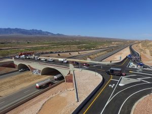 A drone camera gives a bird’s eye view of the new I-15 Exit 118 interchange that opened July 21 among much fanfare by local and regional officials. Photo by Kris Zurbus.