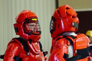 Duane Thurston and Rod Frieling are dressed in the Red Man assailant suits.  They are two of the original instructors of the Mesquite radKids program.  Submitted Photo