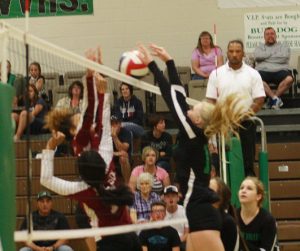 Bulldog Emma Barnum goes up to block a Dragons shot during the Dawgs 3-0 sweep of Del Sol Wednesday Oct.5 in the Dawg House. Photo by Lou Martin 