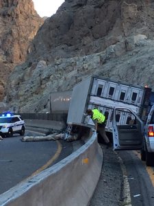 A semi-truck carrying a load of pigs experienced a mechanical failure Monday afternoon while travelling southbound on I-15 through the Virgin River Gorge, overturning and gathering 400 feet of glare screen with it. Submitted Photo. 